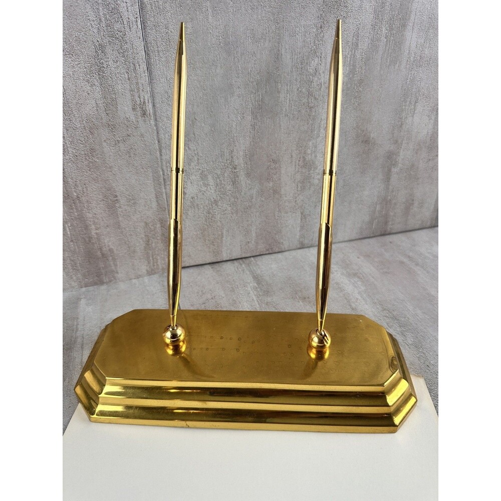 Vintage Brass Double Desk Pen Set Hollywood Regency Executive Office Decor MCM
